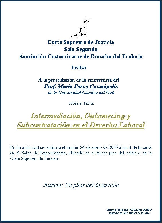 invitación a la conferencia del Dr. Mario Pasco sobre Intermediación, Outsourcing y Subcontratación en el Derecho Laboral